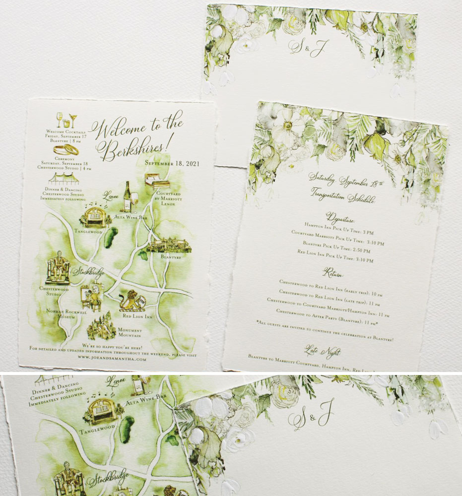 Elegant Green and White Floral Wedding Invitations and custom wedding itinerary