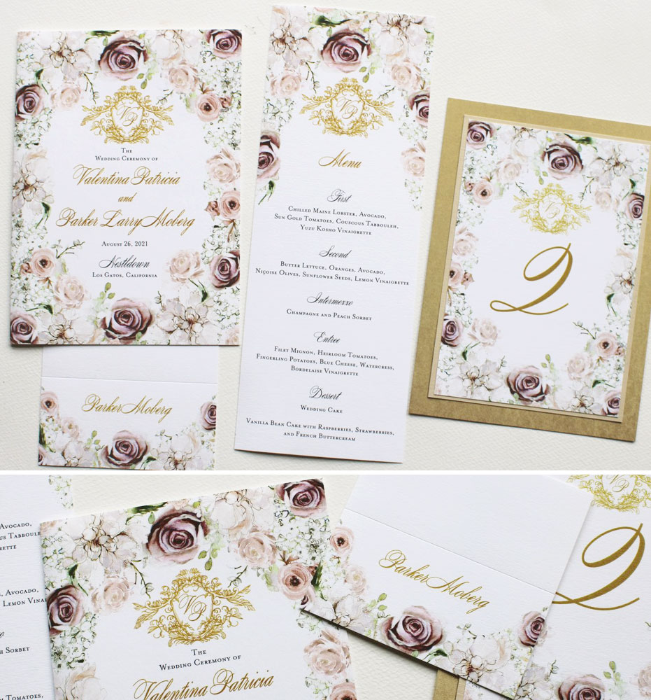 Watercolor Floral and Crest Wedding Stationery