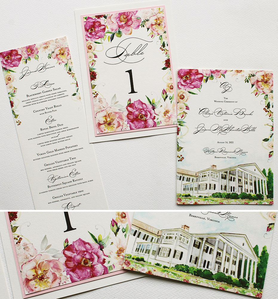 Rosemont Manor Pink Floral Wedding Stationery including custom menus and program s