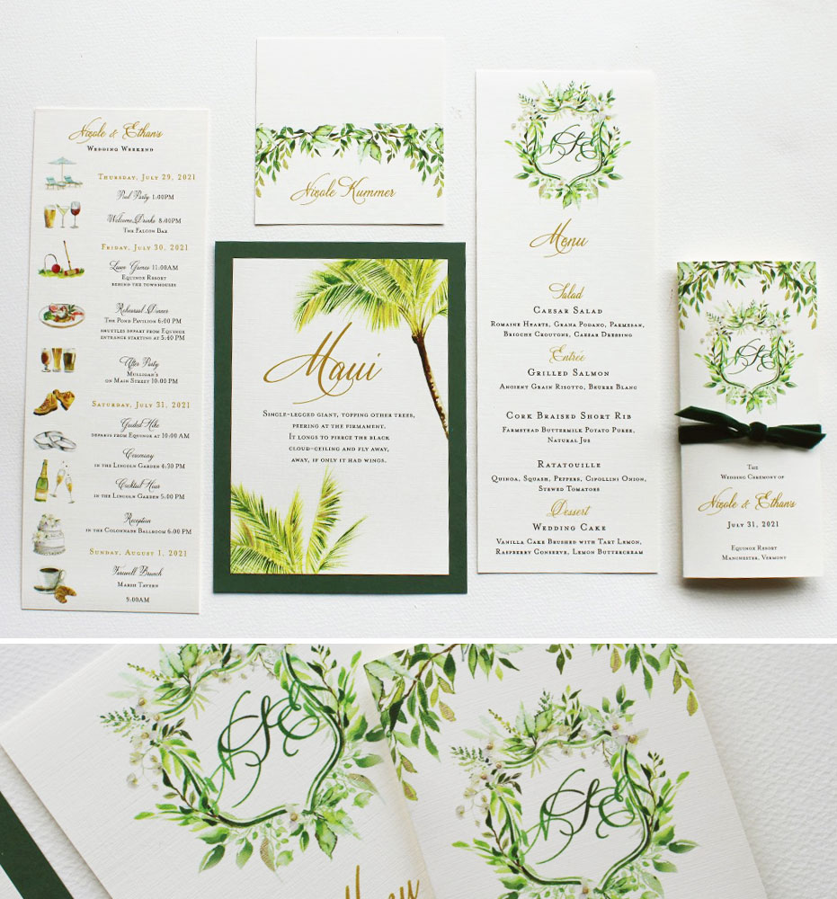 Green and White Watercolor Crest Wedding Stationery Accessories