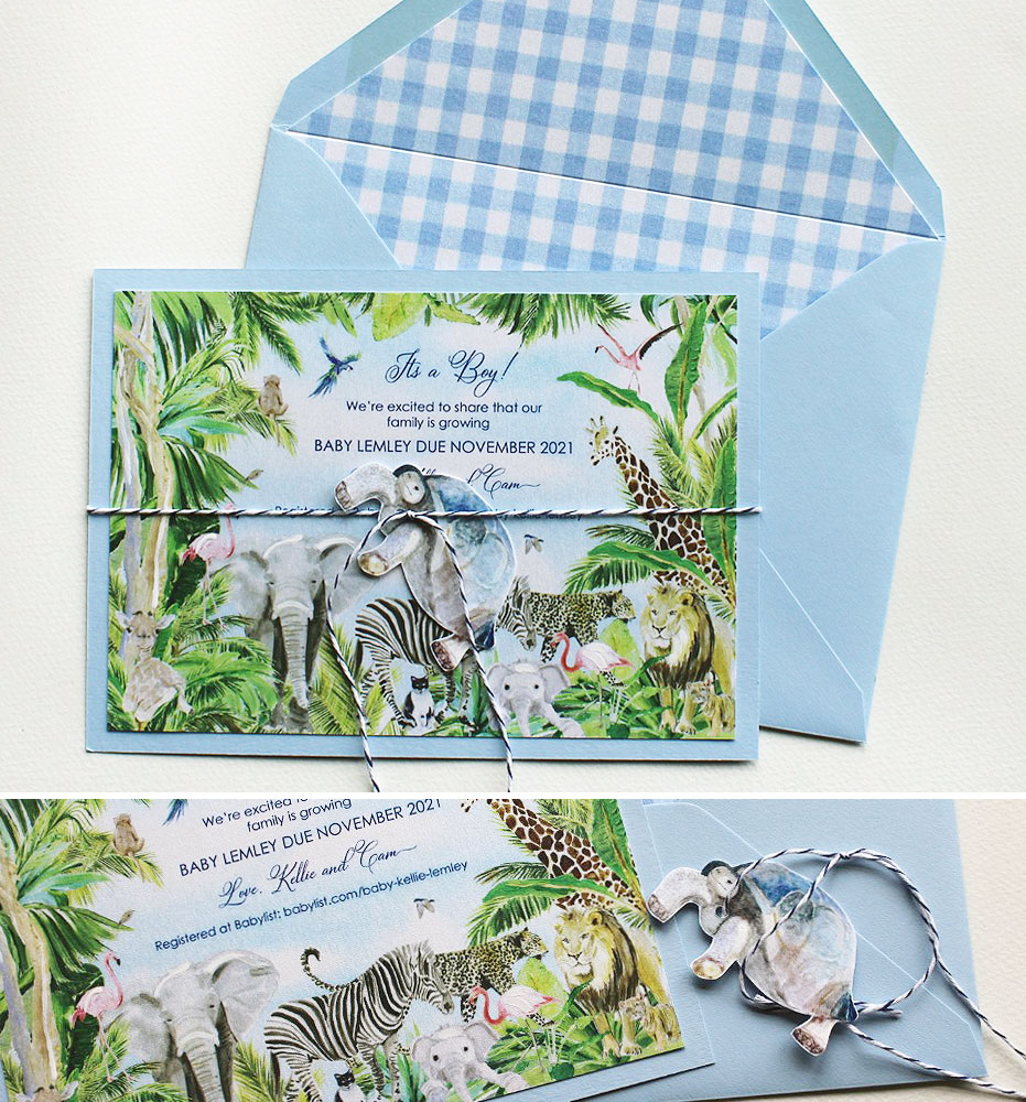 Custom Illustrated Jungle Animal Baby Shower Invitations