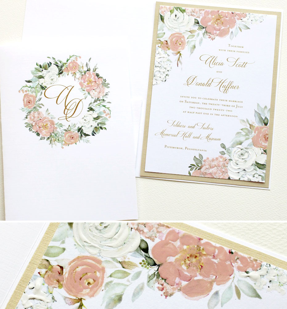 Hand Painted Peach Floral Wedding Stationery 