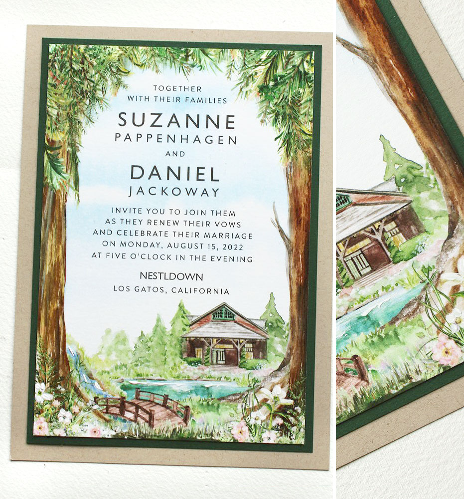 Redwood Tree Watercolor Vow Renewal Invitations 