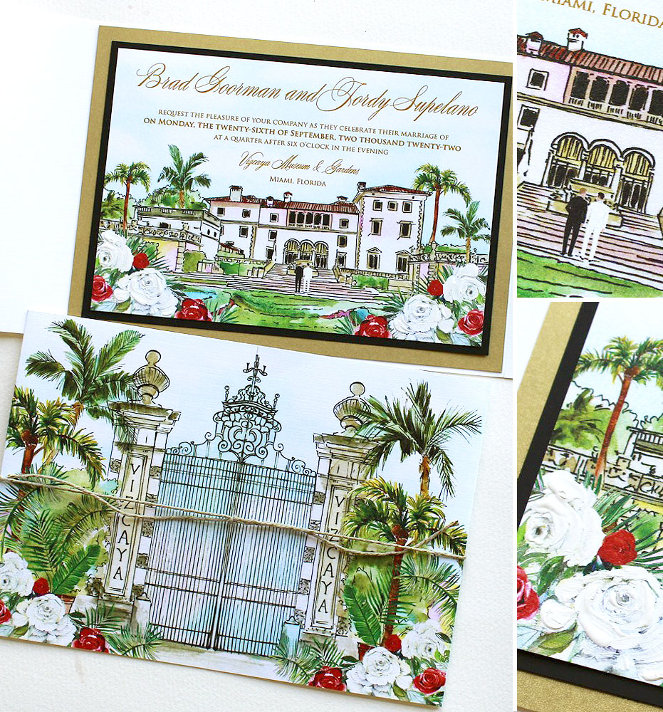 Custom Illustrated Vizcaya Museum Wedding Invitations