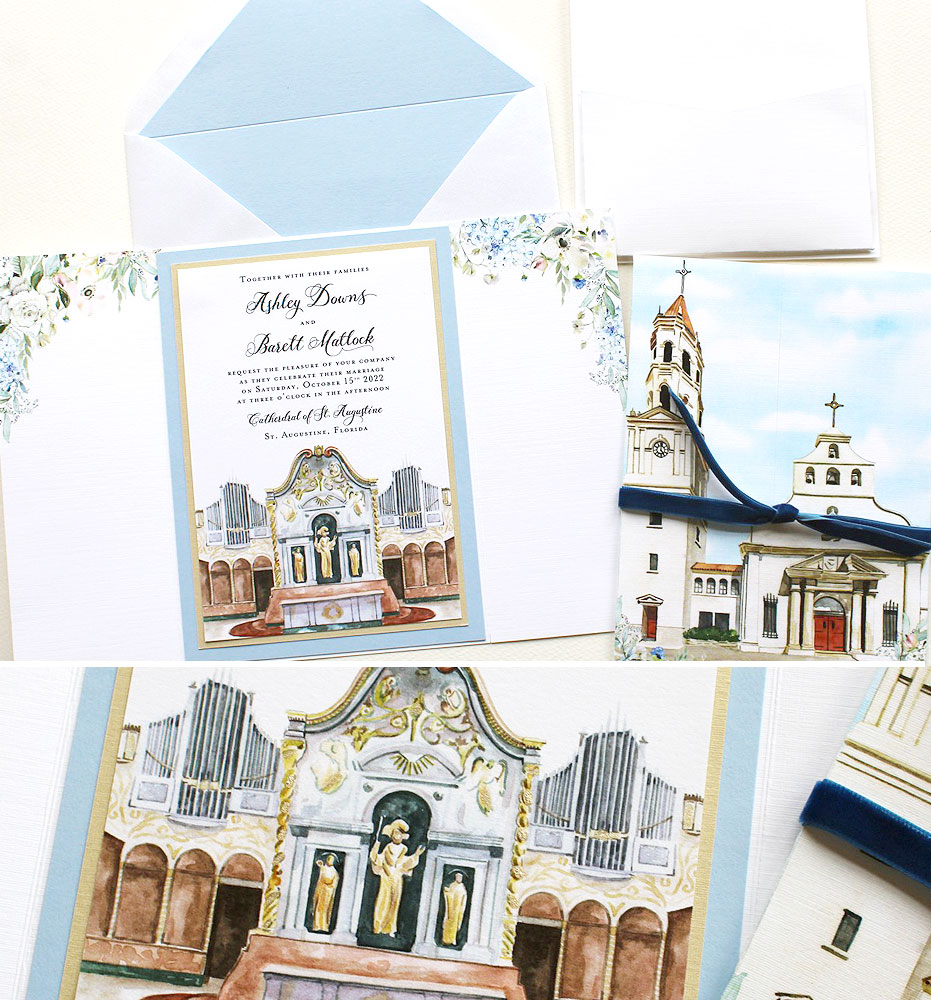 Watercolor Church Illustration Wedding Invitations