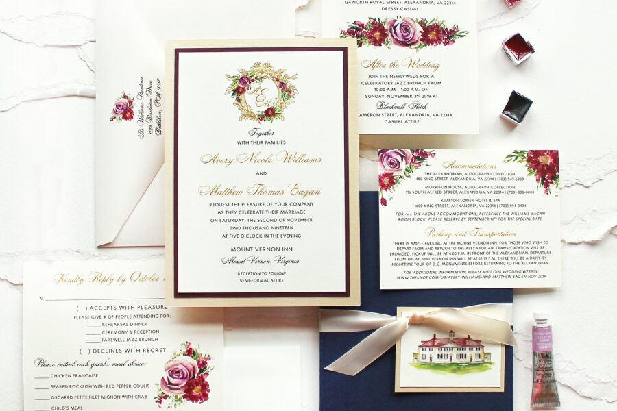 gold-and-burgundy-monogram-wedding-stationery