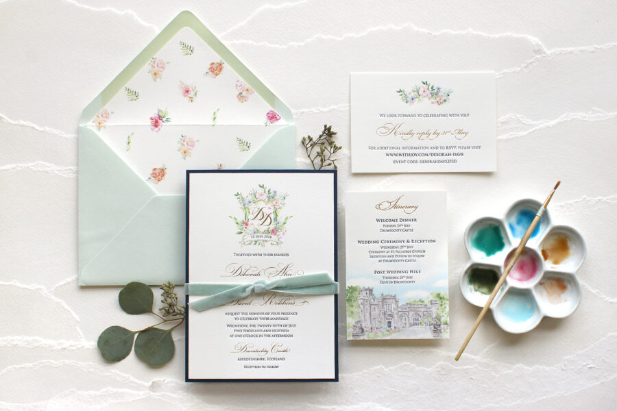 watercolor-floral-crest-wedding-invitations