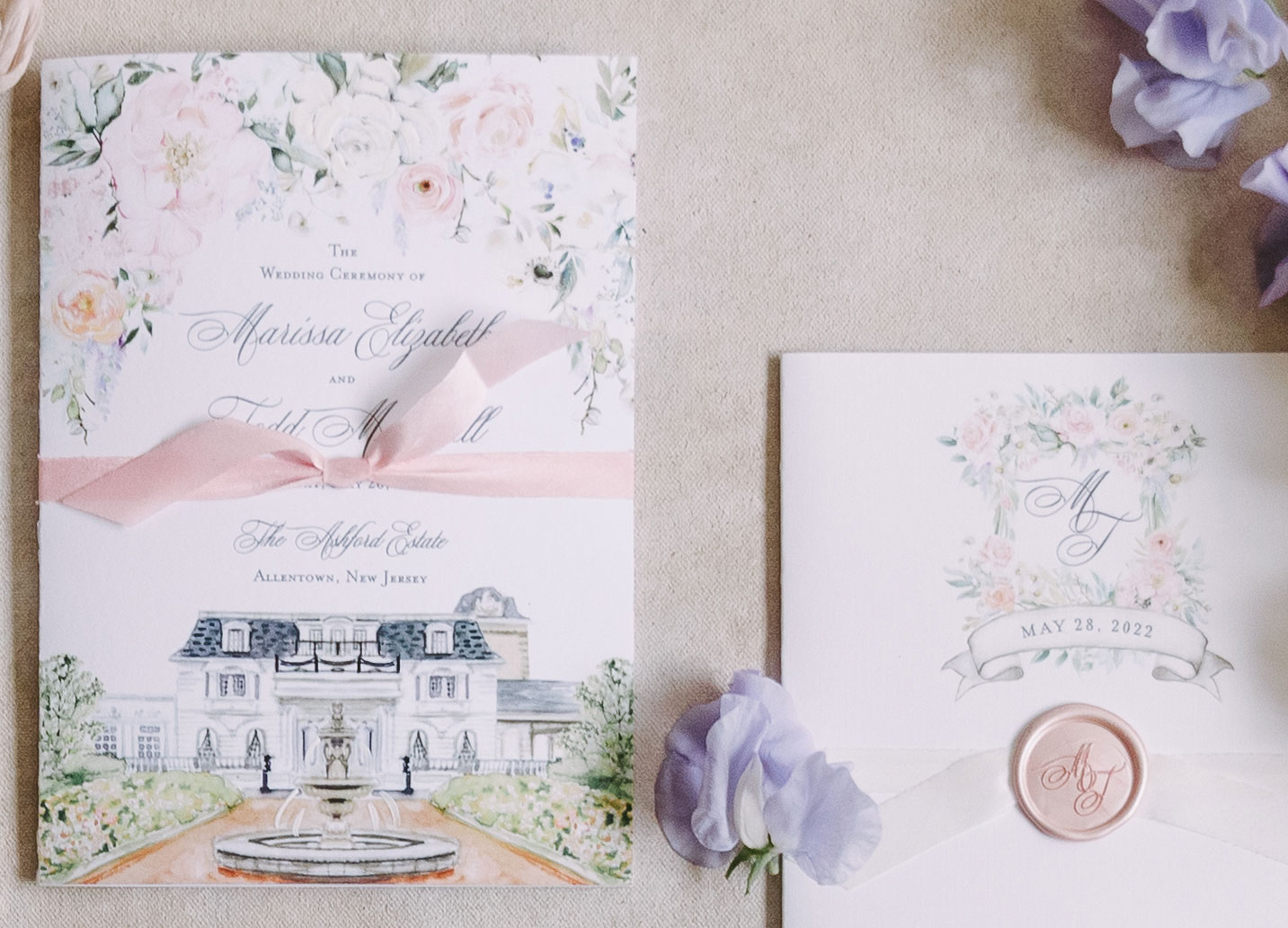 Watercolor Floral Ashford Estate Wedding Invitation Suite 
