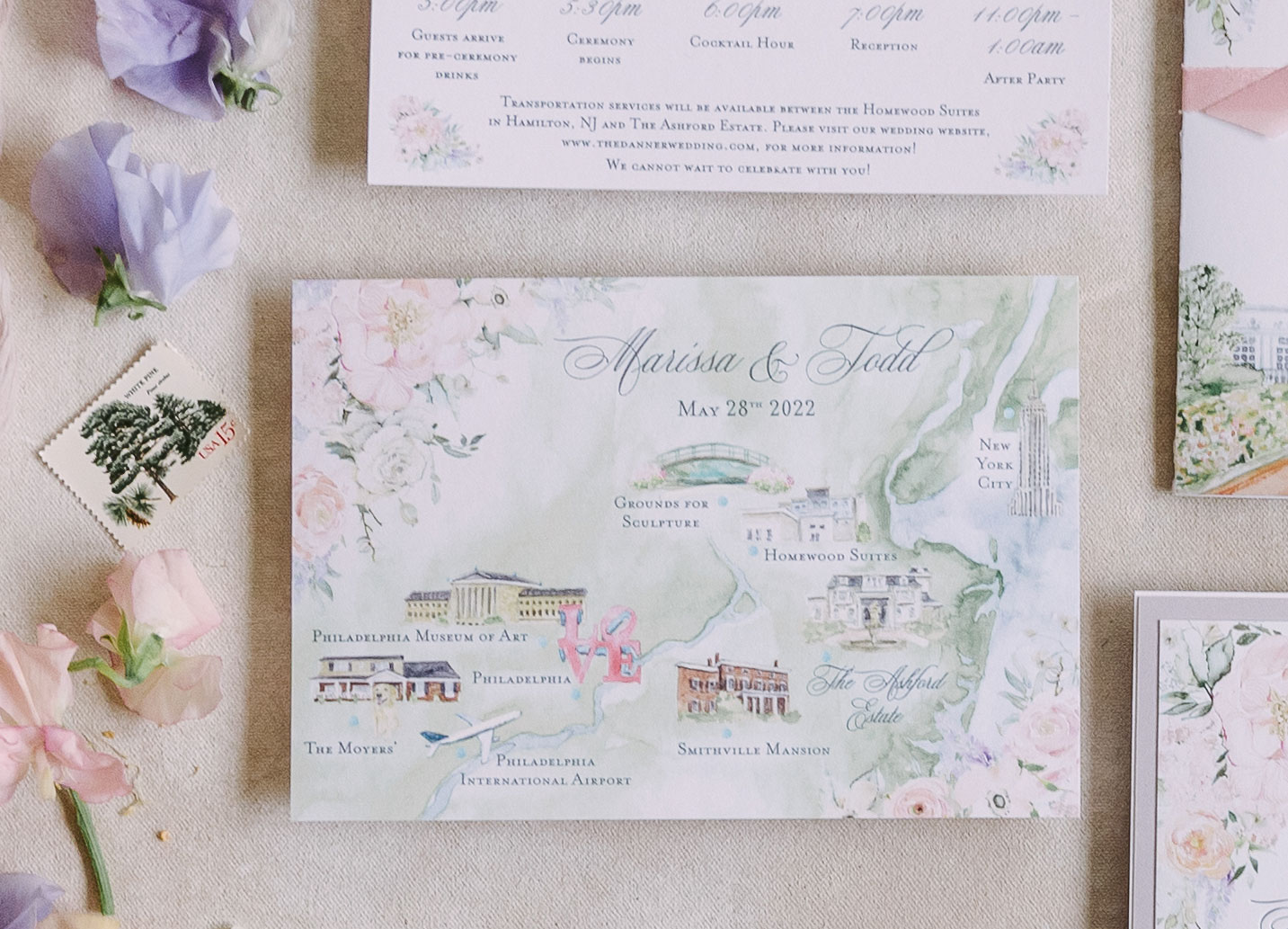 Custom romantic watercolor wedding map 