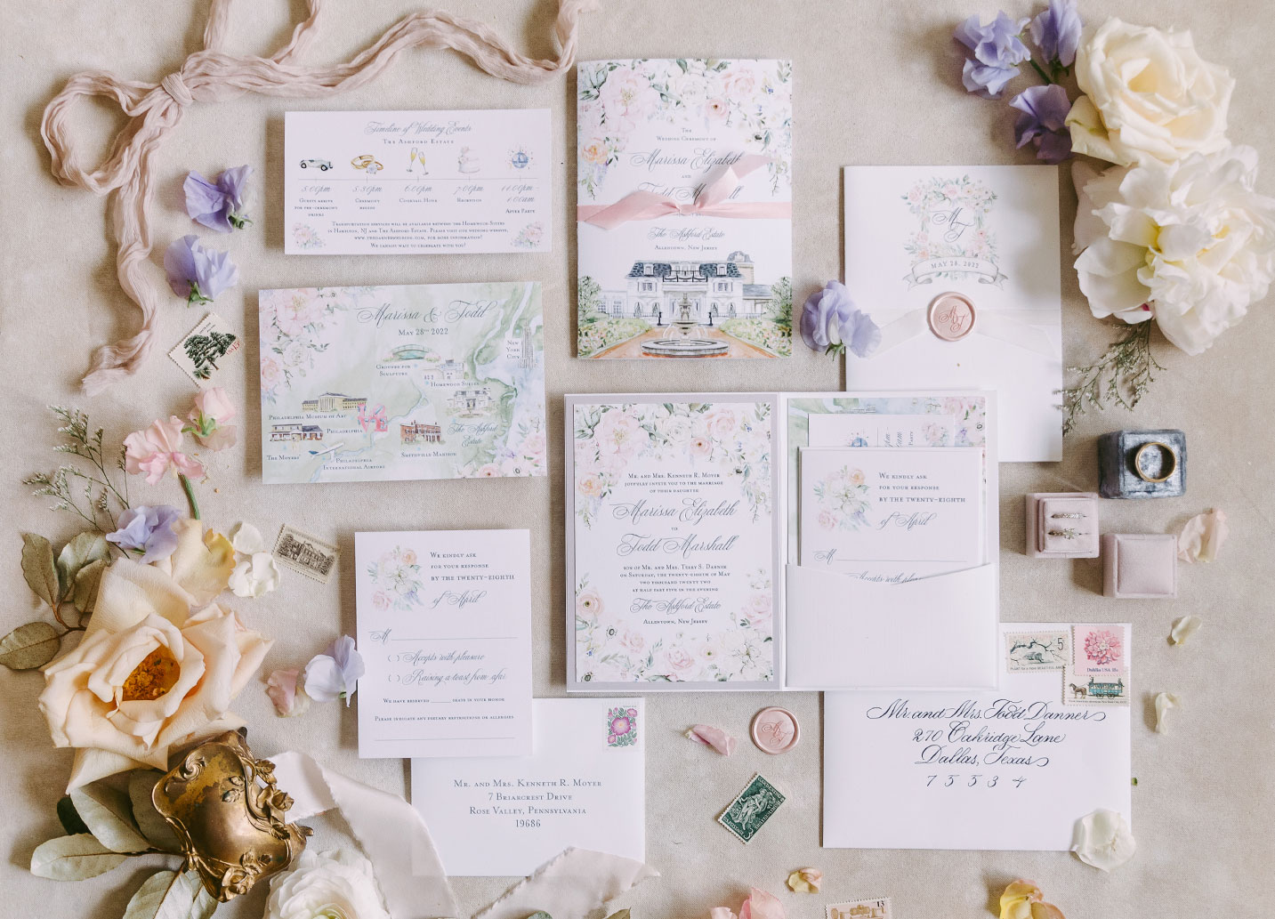 Watercolor Floral Ashford Estate Wedding Invitation Suite 