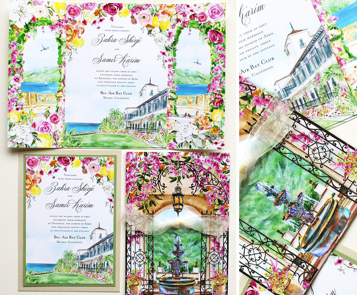 ornate-bel-air-bay-club-wedding-invitations