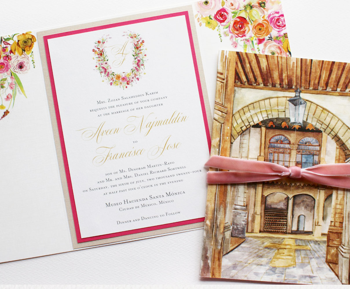 Floral Monogram and Venue Illustration Wedding Invitations