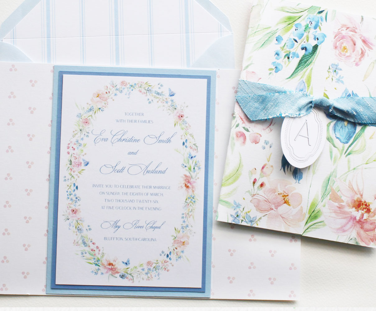 watercolor floral wreath wedding invitation