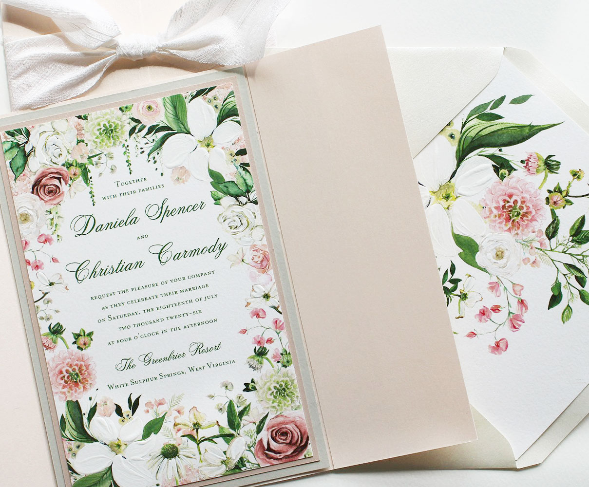 Hand Painted Magnolia Greenbrier Wedding Invitation
